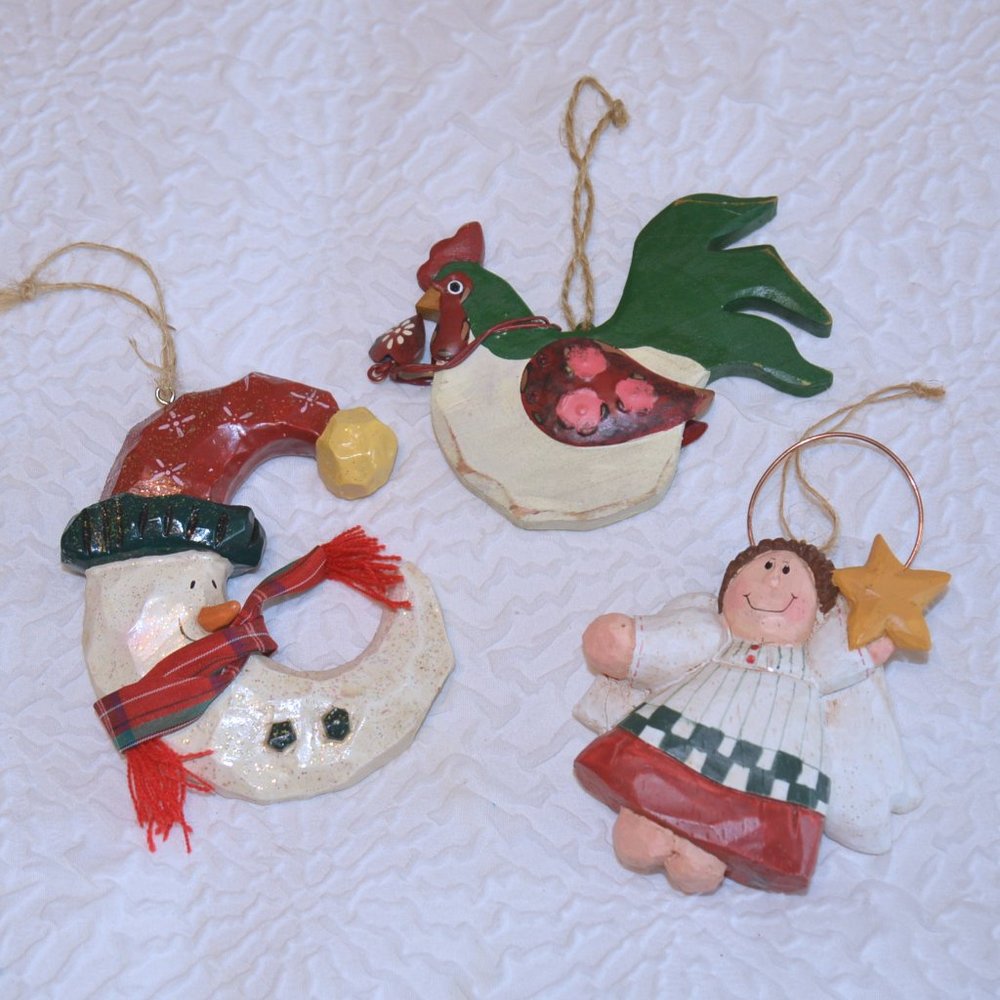 4/$20 Set of Three Christmas Ornaments ~ Rooster ~ Angel ~ Snowman